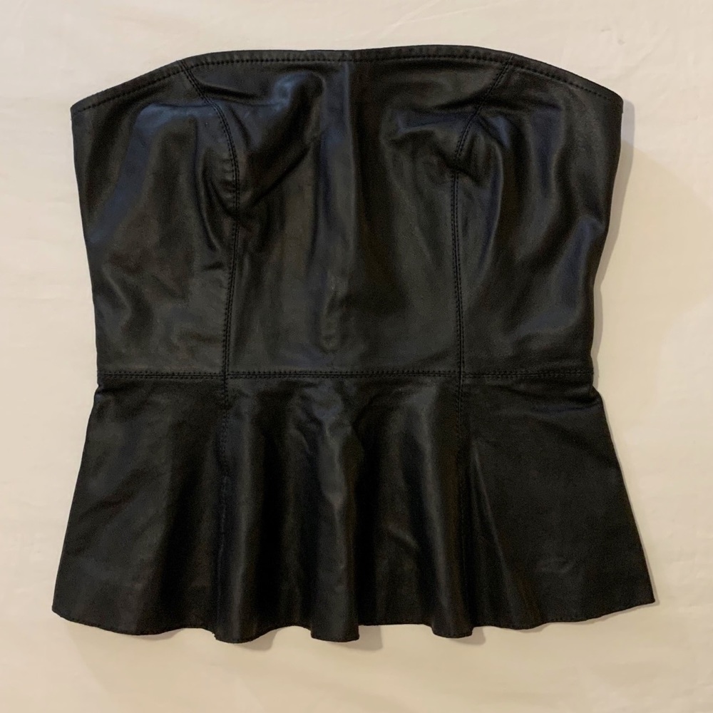 Aqua Leather Ponte Strapless Peplum Top in Black
